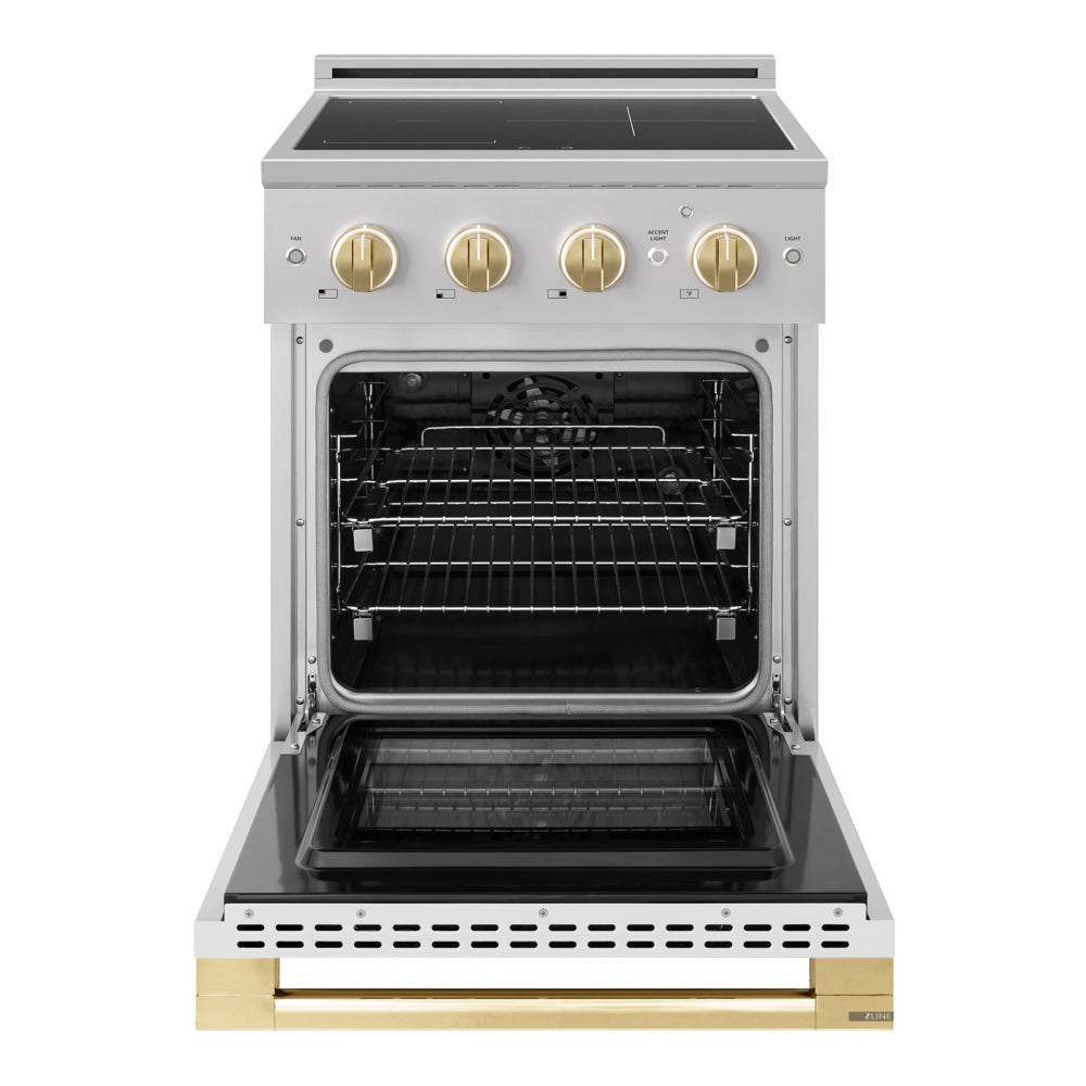 ZLINE Autograph 24 in. 3.2 cu. ft. Marino Induction Range with 3 Element Cooktop and Electric Convection Oven in Stainless Steel with White Matte Door and Polished Gold Accents, MINRZ-WM-24-G - Front View with Oven Door Open