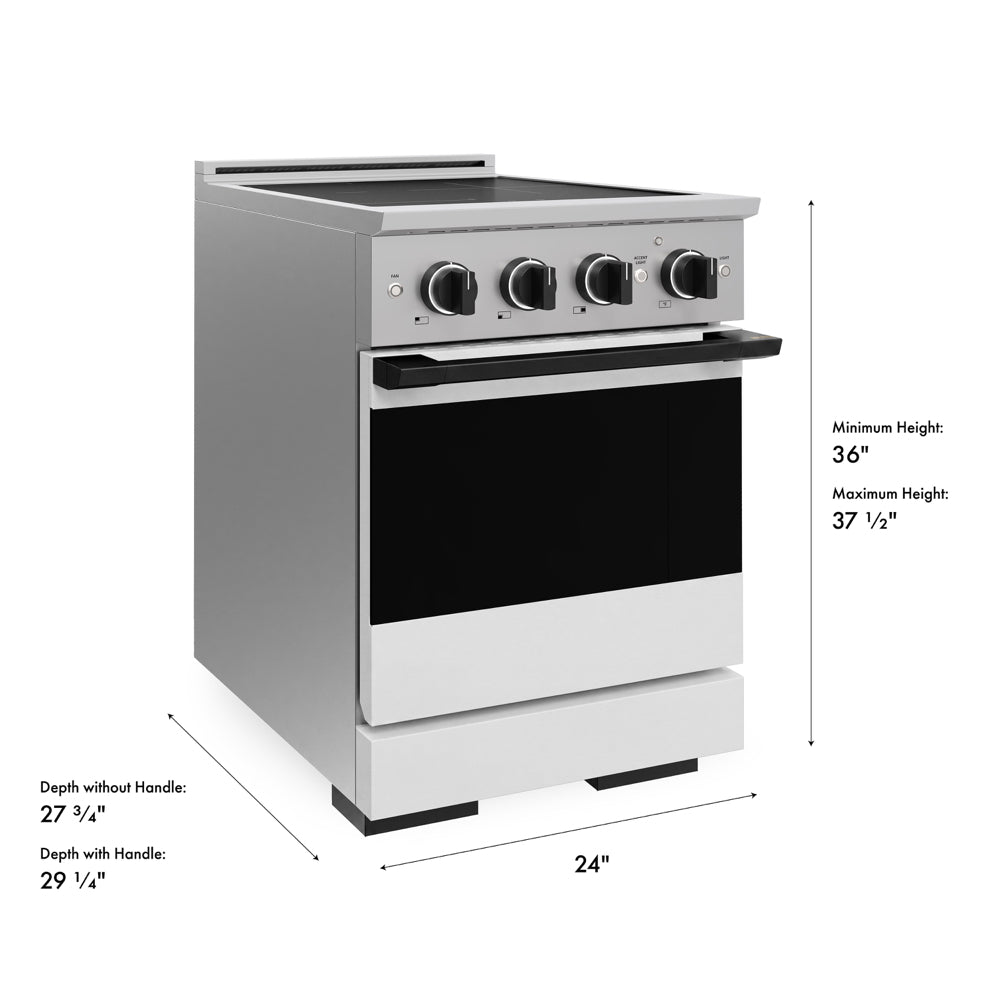 ZLINE Autograph 24 in. 3.2 cu. ft. Marino Induction Range with 3 Element Cooktop and Electric Convection Oven in Stainless Steel with White Matte Door and Matte Black Accents, MINRZ-WM-24-MB - Dimensions Diagram