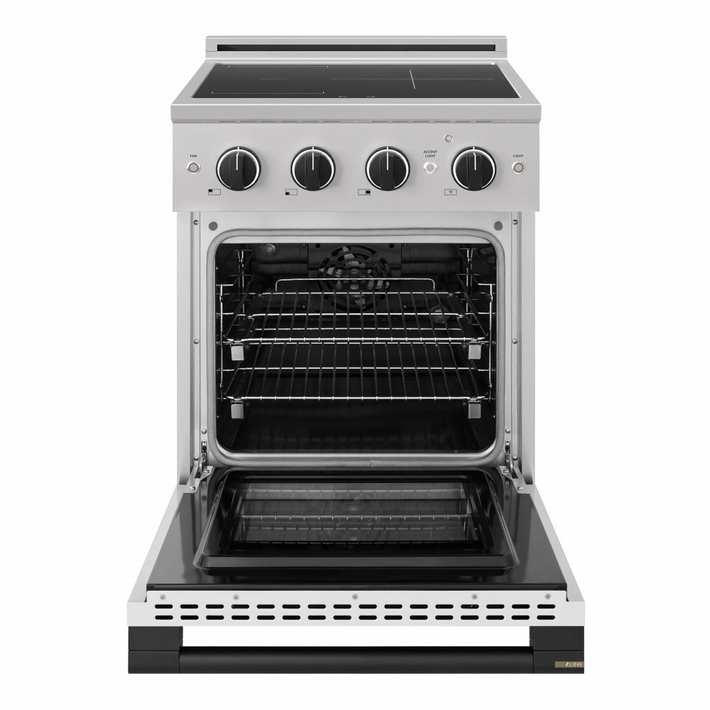 ZLINE Autograph 24 in. 3.2 cu. ft. Marino Induction Range with 3 Element Cooktop and Electric Convection Oven in Stainless Steel with White Matte Door and Matte Black Accents, MINRZ-WM-24-MB - Front View with Oven Door Open