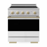 ZLINE Autograph 30 in. 4.2 cu. ft. Marino Induction Range with 4 Element Cooktop and Electric Convection Oven in Stainless Steel with White Matte Door and Champagne Bronze Accents, MINRZ-WM-30-CB - Front Hero View