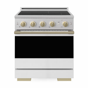 ZLINE Autograph 30 in. 4.2 cu. ft. Marino Induction Range with 4 Element Cooktop and Electric Convection Oven in Stainless Steel with White Matte Door and Champagne Bronze Accents, MINRZ-WM-30-CB - Front Hero View