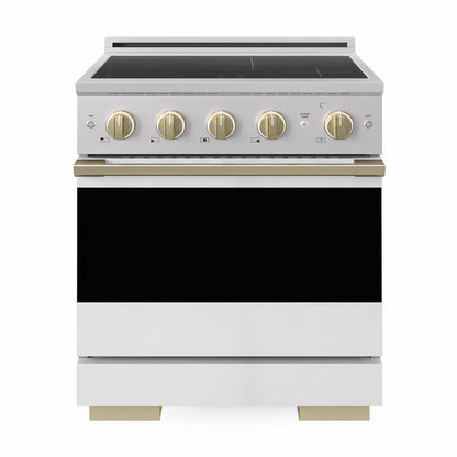 ZLINE Autograph 30 in. 4.2 cu. ft. Marino Induction Range with 4 Element Cooktop and Electric Convection Oven in Stainless Steel with White Matte Door and Champagne Bronze Accents, MINRZ-WM-30-CB - Front Hero View