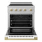 ZLINE Autograph 30 in. 4.2 cu. ft. Marino Induction Range with 4 Element Cooktop and Electric Convection Oven in Stainless Steel with White Matte Door and Champagne Bronze Accents, MINRZ-WM-30-CB - Front View with Oven Door Open