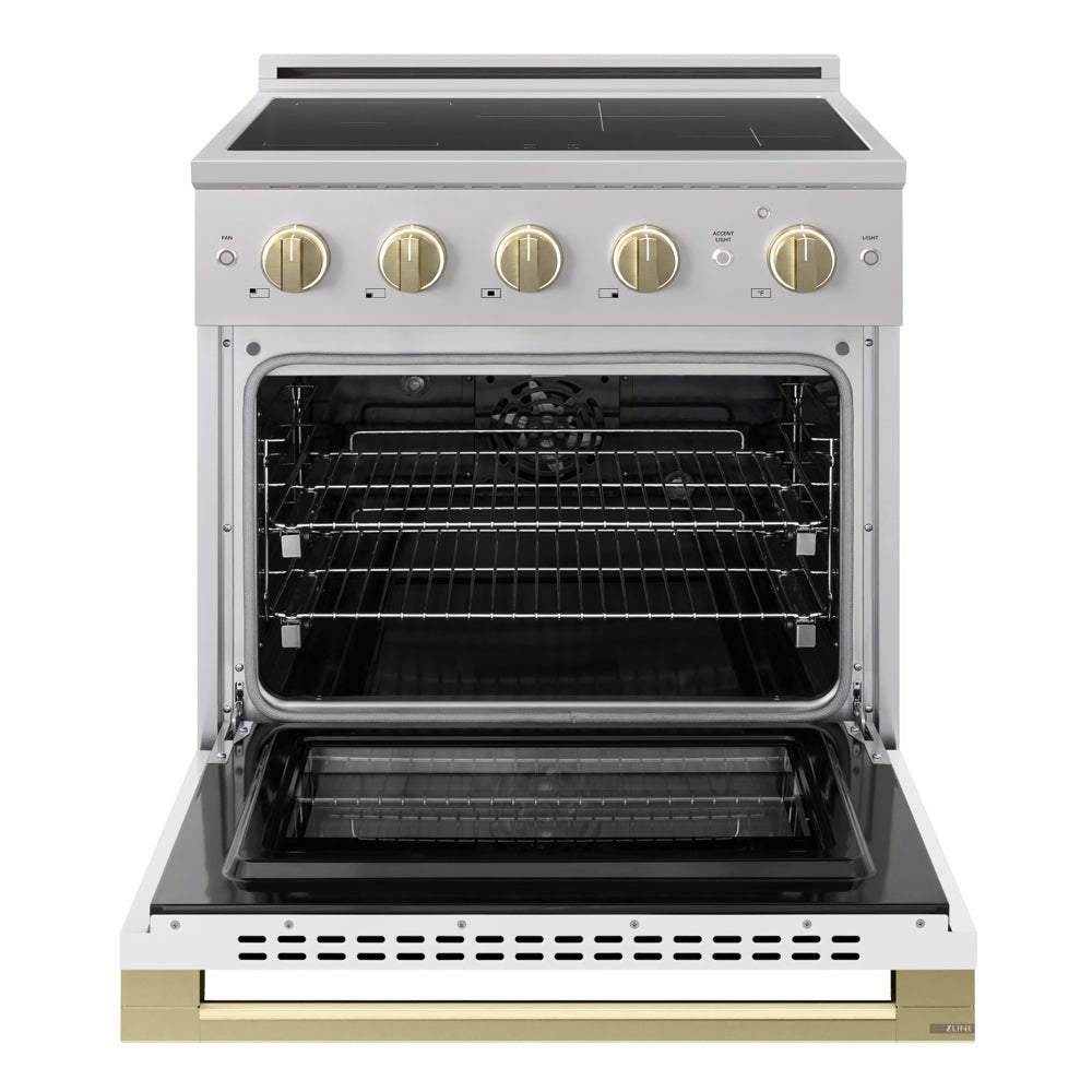 ZLINE Autograph 30 in. 4.2 cu. ft. Marino Induction Range with 4 Element Cooktop and Electric Convection Oven in Stainless Steel with White Matte Door and Champagne Bronze Accents, MINRZ-WM-30-CB - Front View with Oven Door Open