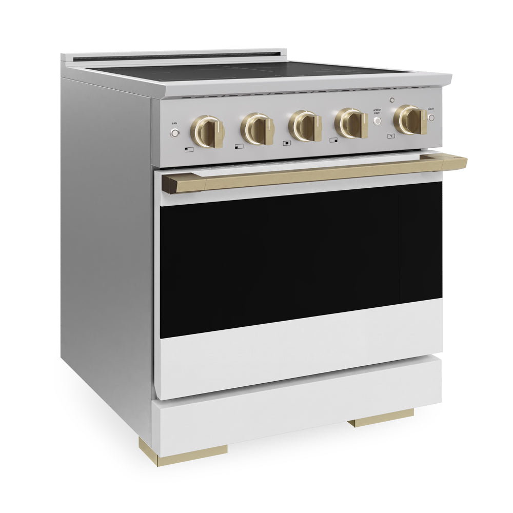 ZLINE Autograph 30 in. 4.2 cu. ft. Marino Induction Range with 4 Element Cooktop and Electric Convection Oven in Stainless Steel with White Matte Door and Champagne Bronze Accents, MINRZ-WM-30-CB - Side View