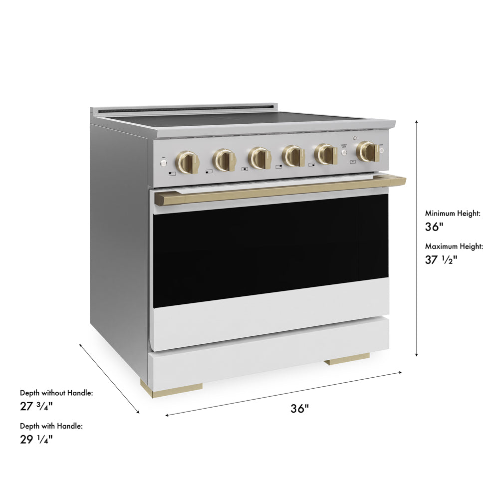 ZLINE Autograph 36 in. 5.2 cu. ft. Marino Induction Range with 5 Element Cooktop and Electric Convection Oven in Stainless Steel with White Matte Door and Champagne Bronze Accents, MINRZ-WM-36-CB - Dimensions Diagram