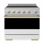 ZLINE Autograph 36 in. 5.2 cu. ft. Marino Induction Range with 5 Element Cooktop and Electric Convection Oven in Stainless Steel with White Matte Door and Champagne Bronze Accents, MINRZ-WM-36-CB - Front Hero View