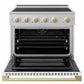 ZLINE Autograph 36 in. 5.2 cu. ft. Marino Induction Range with 5 Element Cooktop and Electric Convection Oven in Stainless Steel with White Matte Door and Champagne Bronze Accents, MINRZ-WM-36-CB - Front View with Oven Door Open