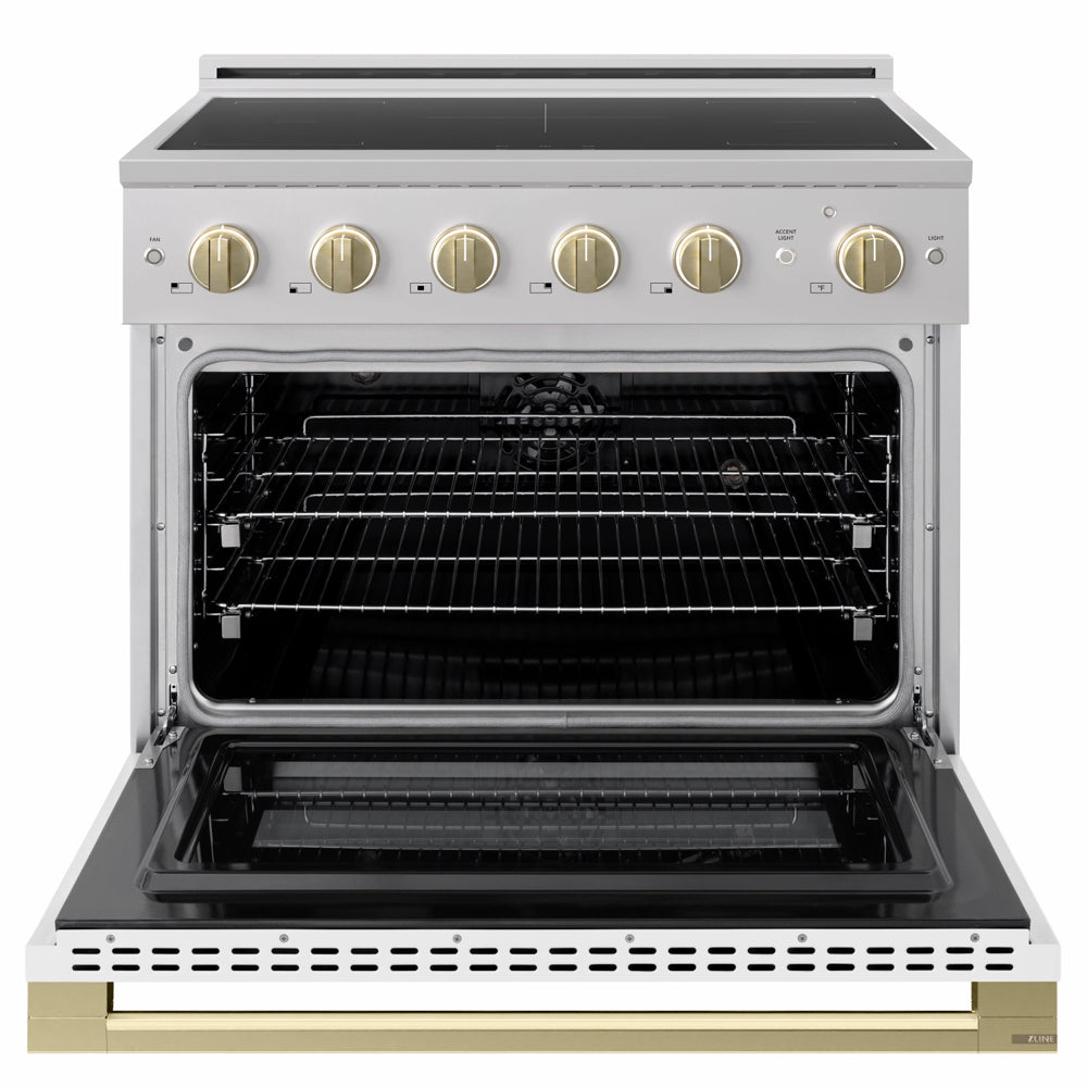 ZLINE Autograph 36 in. 5.2 cu. ft. Marino Induction Range with 5 Element Cooktop and Electric Convection Oven in Stainless Steel with White Matte Door and Champagne Bronze Accents, MINRZ-WM-36-CB - Front View with Oven Door Open