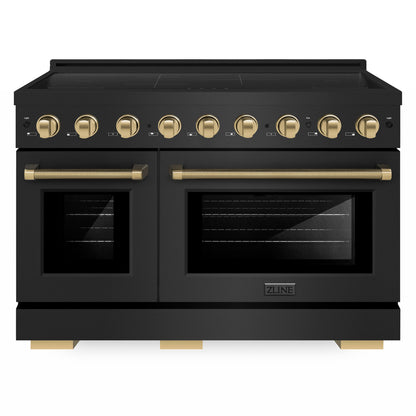 ZLINE Autograph Edition 48" Paramount Induction Range with 7 Element Cooktop in Black Stainless Steel with Champagne Bronze Helix Handles and Knob Accents, SINRBZ-48-KCB