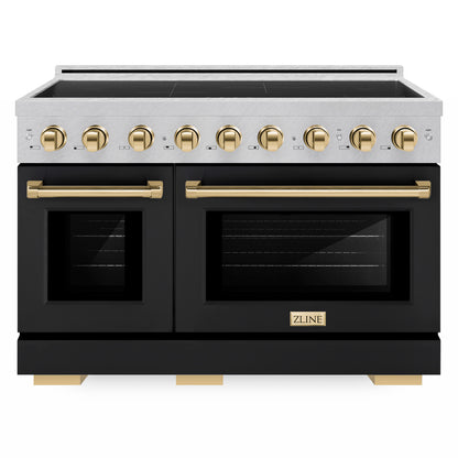 ZLINE Autograph Edition 48" Paramount Induction Range with 7 Element Cooktop in Satin Stainless Steel with Black Matte Doors and Polished Gold Accents, SINRSZ-BLM48-G