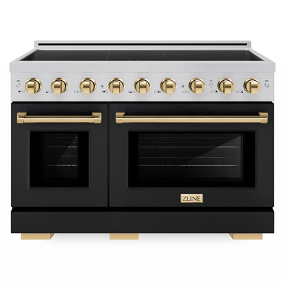ZLINE Autograph Edition 48" Paramount Induction Range with 7 Element Cooktop in Stainless Steel with Black Matte Doors and Polished Gold Accents, SINRZ-BLM-48-G