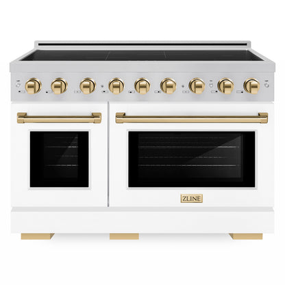 ZLINE Autograph Edition 48" Paramount Induction Range with 7 Element Cooktop in Stainless Steel with White Matte Doors and Polished Gold Accents, SINRZ-WM-48-G