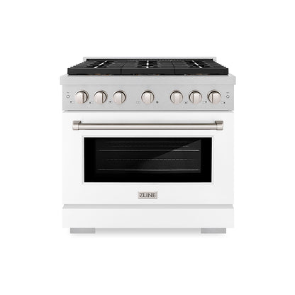 ZLINE 36" 5.2 cu. ft. Paramount Dual Fuel Range with 6 Burner DuoPro™ Cooktop and Electric Convection Oven in Satin Stainless Steel with White Matte Door, PSDRS-WM-36