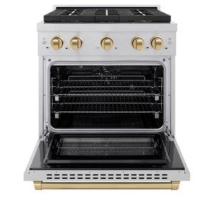 ZLINE Autograph Edition 30" 4.2 cu. ft. Paramount Dual Fuel Range with 4 Burner DuoPro™ Cooktop and Electric Convection Oven in Satin Stainless Steel and Champagne Bronze Accents, PSDRSZ-30-CB