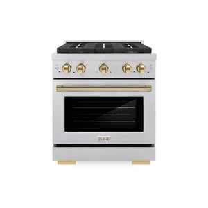 ZLINE Autograph Edition 30" 4.2 cu. ft. Paramount Dual Fuel Range with 4 Burner DuoPro™ Cooktop and Electric Convection Oven in Satin Stainless Steel and Polished Gold Accents, PSDRSZ-30-G