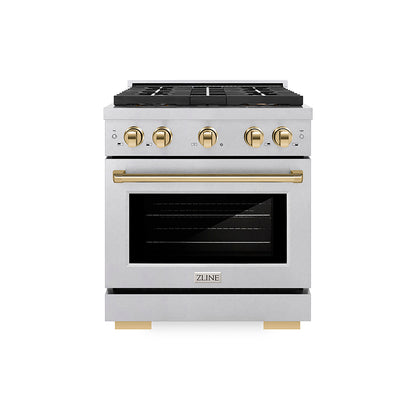 ZLINE Autograph Edition 30" 4.2 cu. ft. Paramount Dual Fuel Range with 4 Burner DuoPro™ Cooktop and Electric Convection Oven in Satin Stainless Steel and Polished Gold Accents, PSDRSZ-30-G