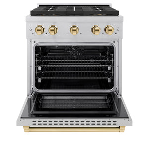ZLINE Autograph Edition 30" 4.2 cu. ft. Paramount Dual Fuel Range with 4 Burner DuoPro™ Cooktop and Electric Convection Oven in Satin Stainless Steel and Polished Gold Accents, PSDRSZ-30-G