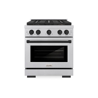 ZLINE Autograph Edition 30" 4.2 cu. ft. Paramount Dual Fuel Range with 4 Burner DuoPro™ Cooktop and Electric Convection Oven in Satin Stainless Steel and Matte Black Accents, PSDRSZ-30-MB