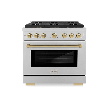ZLINE Autograph Edition 36" 5.2 cu. ft. Paramount Dual Fuel Range with 6 Burner DuoPro™ Cooktop and Electric Convection Oven in Satin Stainless Steel and Champagne Bronze Accents, PSDRSZ-36-CB
