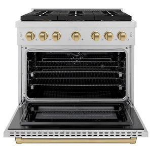 ZLINE Autograph Edition 36" 5.2 cu. ft. Paramount Dual Fuel Range with 6 Burner DuoPro™ Cooktop and Electric Convection Oven in Satin Stainless Steel and Champagne Bronze Accents, PSDRSZ-36-CB