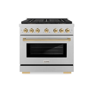 ZLINE Autograph Edition 36" 5.2 cu. ft. Paramount Dual Fuel Range with 6 Burner DuoPro™ Cooktop and Electric Convection Oven in Satin Stainless Steel and Polished Gold Accents, PSDRSZ-36-G