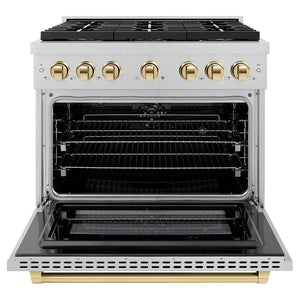 ZLINE Autograph Edition 36" 5.2 cu. ft. Paramount Dual Fuel Range with 6 Burner DuoPro™ Cooktop and Electric Convection Oven in Satin Stainless Steel and Polished Gold Accents, PSDRSZ-36-G