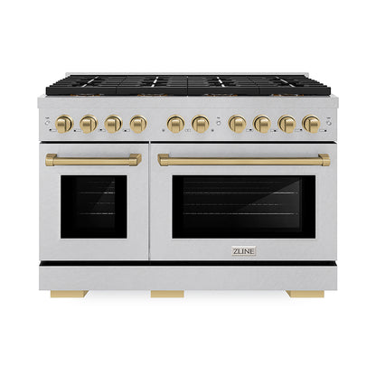 ZLINE Autograph Edition 48" 6.7 cu. ft. Paramount Dual Fuel Range with 8 Burner DuoPro™ Cooktop and Dual Ovens in Satin Stainless Steel and Champagne Bronze Accents, PSDRSZ-48-CB