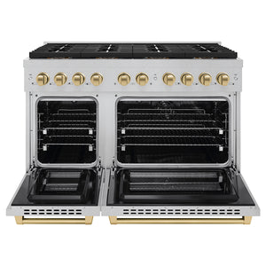 ZLINE Autograph Edition 48" 6.7 cu. ft. Paramount Dual Fuel Range with 8 Burner DuoPro™ Cooktop and Dual Ovens in Satin Stainless Steel and Champagne Bronze Accents, PSDRSZ-48-CB