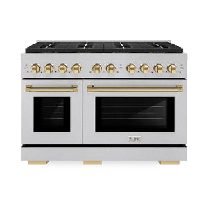 ZLINE Autograph Edition 48" 6.7 cu. ft. Paramount Dual Fuel Range with 8 Burner DuoPro™ Cooktop and Dual Ovens in Satin Stainless Steel and Polished Gold Accents, PSDRSZ-48-G