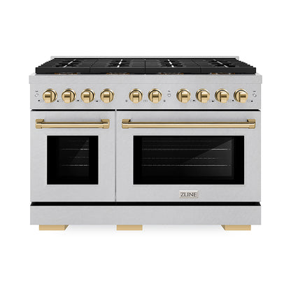 ZLINE Autograph Edition 48" 6.7 cu. ft. Paramount Dual Fuel Range with 8 Burner DuoPro™ Cooktop and Dual Ovens in Satin Stainless Steel and Polished Gold Accents, PSDRSZ-48-G
