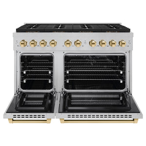 ZLINE Autograph Edition 48" 6.7 cu. ft. Paramount Dual Fuel Range with 8 Burner DuoPro™ Cooktop and Dual Ovens in Satin Stainless Steel and Polished Gold Accents, PSDRSZ-48-G