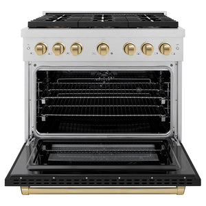 ZLINE Autograph Edition 36" 5.2 cu. ft. Paramount Dual Fuel Range with 6 Burner DuoPro™ Cooktop and Electric Convection Oven in Satin Stainless Steel with Black Matte Door and Champagne Bronze Accents, PSDRSZ-BLM36-CB