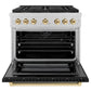 ZLINE Autograph Edition 36" 5.2 cu. ft. Paramount Dual Fuel Range with 6 Burner DuoPro™ Cooktop and Electric Convection Oven in Satin Stainless Steel with Black Matte Door and Polished Gold Accents, PSDRSZ-BLM36-G