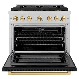 ZLINE Autograph Edition 36" 5.2 cu. ft. Paramount Dual Fuel Range with 6 Burner DuoPro™ Cooktop and Electric Convection Oven in Satin Stainless Steel with Black Matte Door and Polished Gold Accents, PSDRSZ-BLM36-G