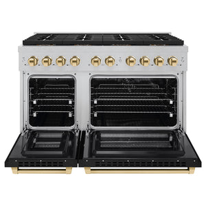ZLINE Autograph Edition 48" 6.7 cu. ft. Paramount Dual Fuel Range with 8 Burner DuoPro™ Cooktop and Dual Ovens in Satin Stainless Steel with Black Matte Doors and Polished Gold Accents, PSDRSZ-BLM48-G