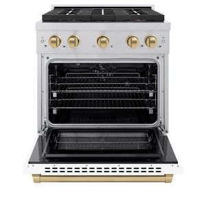 ZLINE Autograph Edition 30" 4.2 cu. ft. Paramount Dual Fuel Range with 4 Burner DuoPro™ Cooktop and Electric Convection Oven in Satin Stainless Steel with White Matte Door and Champagne Bronze Accents, PSDRSZ-WM-30-CB