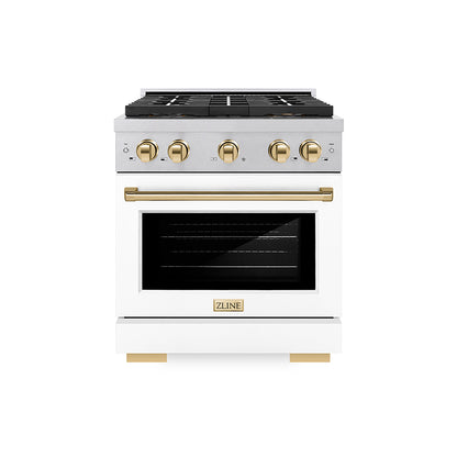 ZLINE Autograph Edition 30" 4.2 cu. ft. Paramount Dual Fuel Range with 4 Burner DuoPro™ Cooktop and Electric Convection Oven in Satin Stainless Steel with White Matte Door and Polished Gold Accents, PSDRSZ-WM-30-G