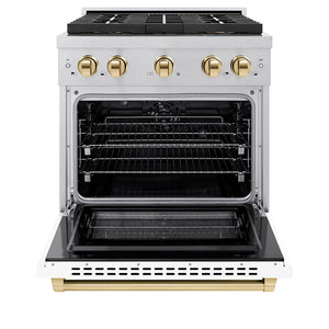 ZLINE Autograph Edition 30" 4.2 cu. ft. Paramount Dual Fuel Range with 4 Burner DuoPro™ Cooktop and Electric Convection Oven in Satin Stainless Steel with White Matte Door and Polished Gold Accents, PSDRSZ-WM-30-G