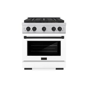 ZLINE Autograph Edition 30" 4.2 cu. ft. Paramount Dual Fuel Range with 4 Burner DuoPro™ Cooktop and Electric Convection Oven in Satin Stainless Steel with White Matte Door and Matte Black Accents, PSDRSZ-WM-30-MB