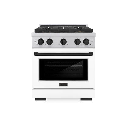 ZLINE Autograph Edition 30" 4.2 cu. ft. Paramount Dual Fuel Range with 4 Burner DuoPro™ Cooktop and Electric Convection Oven in Satin Stainless Steel with White Matte Door and Matte Black Accents, PSDRSZ-WM-30-MB