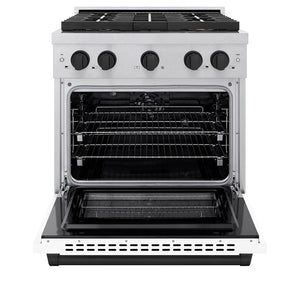 ZLINE Autograph Edition 30" 4.2 cu. ft. Paramount Dual Fuel Range with 4 Burner DuoPro™ Cooktop and Electric Convection Oven in Satin Stainless Steel with White Matte Door and Matte Black Accents, PSDRSZ-WM-30-MB