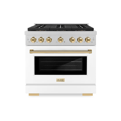 ZLINE Autograph Edition 36" 5.2 cu. ft. Paramount Dual Fuel Range with 6 Burner DuoPro™ Cooktop and Electric Convection Oven in Satin Stainless Steel with White Matte Door and Polished Gold Accents, PSDRSZ-WM-36-G
