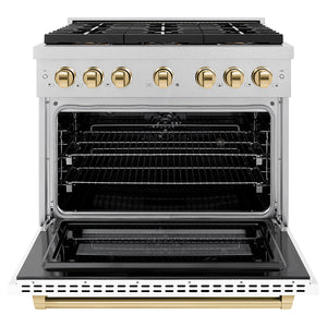ZLINE Autograph Edition 36" 5.2 cu. ft. Paramount Dual Fuel Range with 6 Burner DuoPro™ Cooktop and Electric Convection Oven in Satin Stainless Steel with White Matte Door and Polished Gold Accents, PSDRSZ-WM-36-G