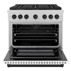 ZLINE Autograph Edition 36" 5.2 cu. ft. Paramount Dual Fuel Range with 6 Burner DuoPro™ Cooktop and Electric Convection Oven in Satin Stainless Steel with White Matte Door and Matte Black Accents, PSDRSZ-WM-36-MB