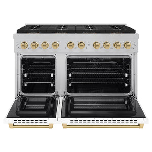 ZLINE Autograph Edition 48" 6.7 cu. ft. Paramount Dual Fuel Range with 8 Burner DuoPro™ Cooktop and Dual Ovens in Satin Stainless Steel with White Matte Doors and Champagne Bronze Accents, PSDRSZ-WM-48-CB