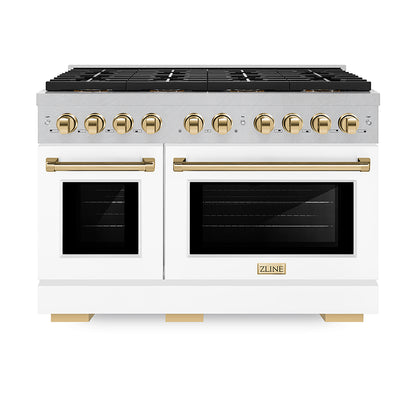 ZLINE Autograph Edition 48" 6.7 cu. ft. Paramount Dual Fuel Range with 8 Burner DuoPro™ Cooktop and Dual Ovens in Satin Stainless Steel with White Matte Doors and Polished Gold Accents, PSDRSZ-WM-48-G
