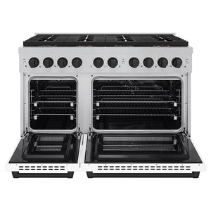 ZLINE Autograph Edition 48" 6.7 cu. ft. Paramount Dual Fuel Range with 8 Burner DuoPro™ Cooktop and Dual Ovens in Satin Stainless Steel with White Matte Doors and Matte Black Accents, PSDRSZ-WM-48-MB