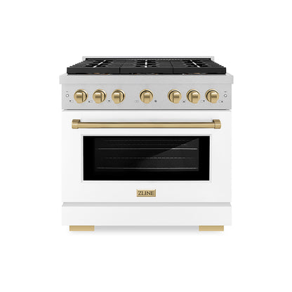 ZLINE Autograph Edition 36" 5.2 cu. ft. Paramount Dual Fuel Range with 6 Burner DuoPro™ Cooktop and Electric Convection Oven in Satin Stainless Steel with White Matte Door and Champagne Bronze Accents, PSDRSZ-WM-36-CB