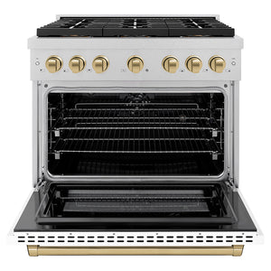 ZLINE Autograph Edition 36" 5.2 cu. ft. Paramount Dual Fuel Range with 6 Burner DuoPro™ Cooktop and Electric Convection Oven in Satin Stainless Steel with White Matte Door and Champagne Bronze Accents, PSDRSZ-WM-36-CB
